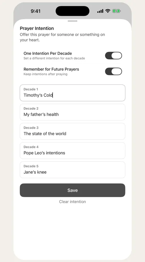 Marian prayer intentions screen with a different intention for each decade of the Rosary