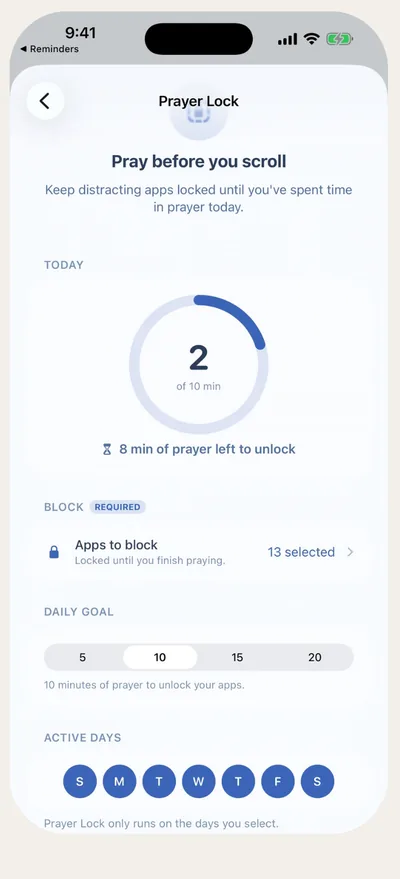 Marian Prayer Lock screen titled ‘Pray before you scroll’, showing today’s prayer progress, the apps to block and a daily prayer goal