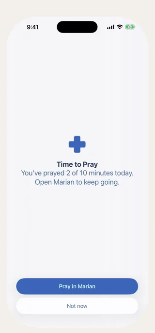 A locked app showing Marian’s ‘Time to Pray’ screen: you’ve prayed 2 of 10 minutes today, open Marian to keep going