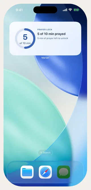 Marian Prayer Lock widget on the iPhone Home Screen showing 5 of 10 minutes prayed