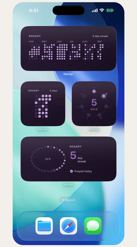 Marian prayer streak widgets on an iPhone Home Screen